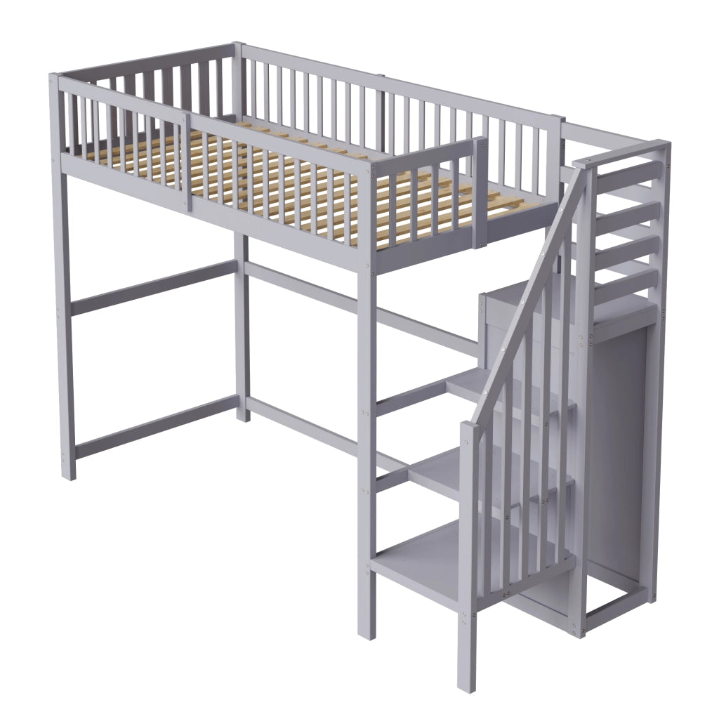 Letto a soppalco singolo 90×200 cm con scala; armadio e ripiani; senza materasso; legno; grigio
