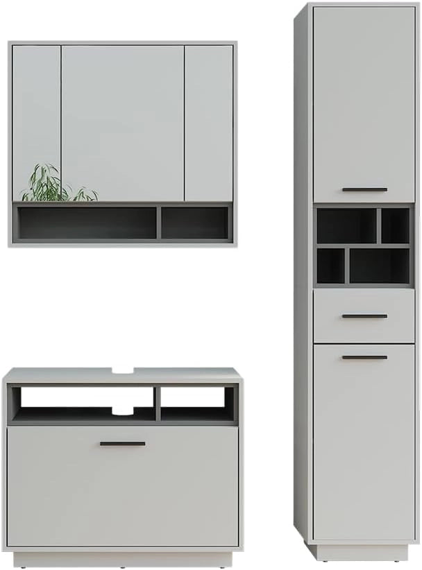 Set di mobili da bagno Beatrice, Grigio/antracite, 80 cm, composto da mobile sottolavabo, specchiera e colonna alta