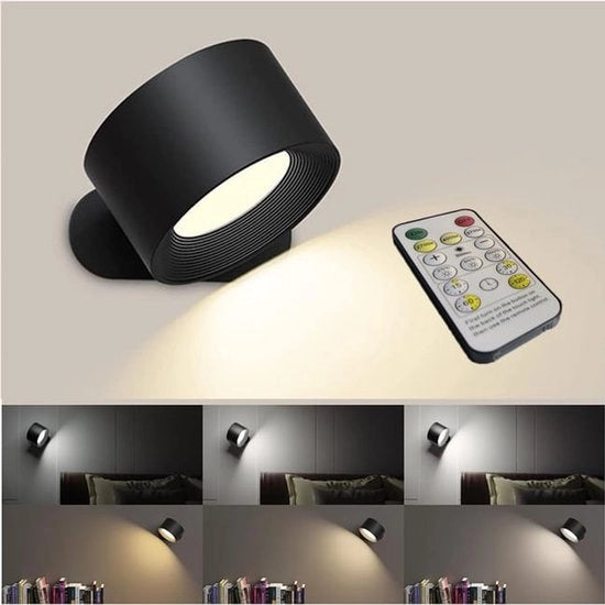 Set di due lampade a LED con telecomando, touch control, tre modalità, ricarica via USB e funzione di lettura, con magneti per fissaggio.