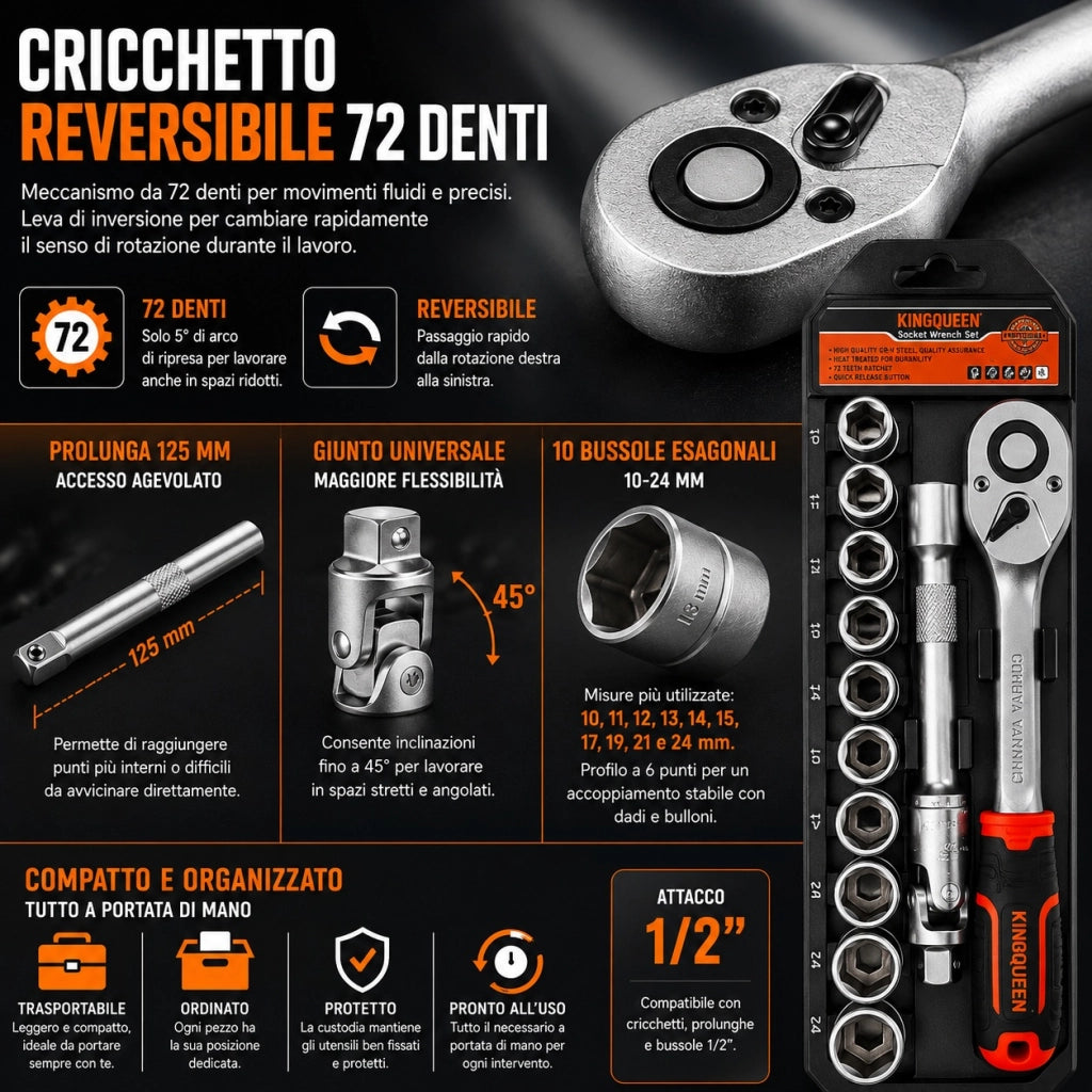 Set Chiave a Bussola  1/2" 13 Pezzi con Cricchetto Prolunga Da 10 a 24 WIB-193