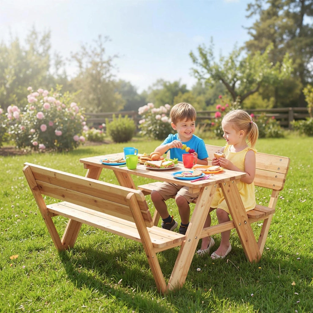 Tavolo da Picnic per Bambini in Legno con 2 Panche Integrate | Set di Tavolo e Sedie per Attività all'Aperto, Mobili per Bambini 3+ Anni per Cortile, Patio e Giardino