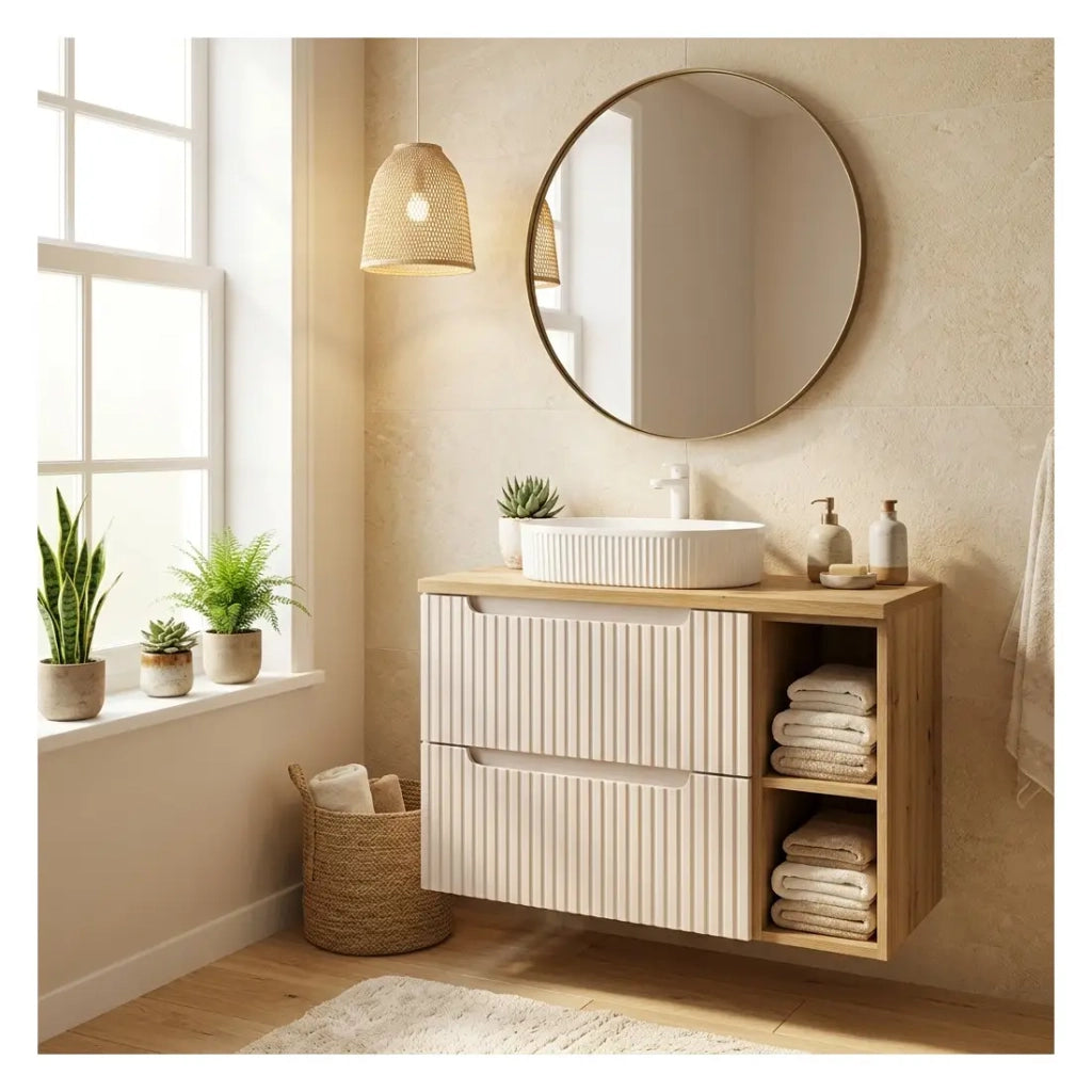 Set da bagno VANO cachemire e quercia 80cm: mobile sottolavabo con cassetti e nicchie a vista + piano per lavabo