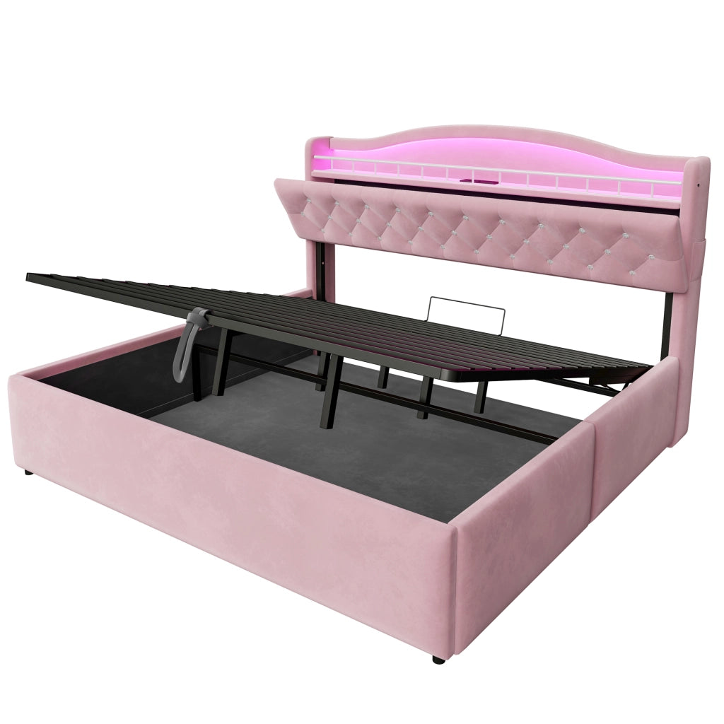 Letto imbottito 180x200 cm con contenitore idraulico; USB e USB-C; LED; tessuto rosa