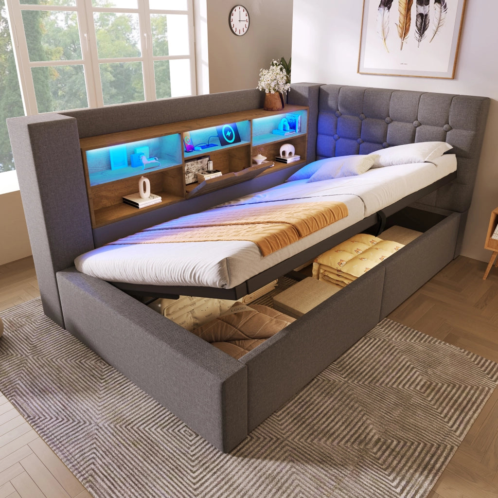 Letto imbottito idraulico con illuminazione a LED 90x200 cm colore grigio lino