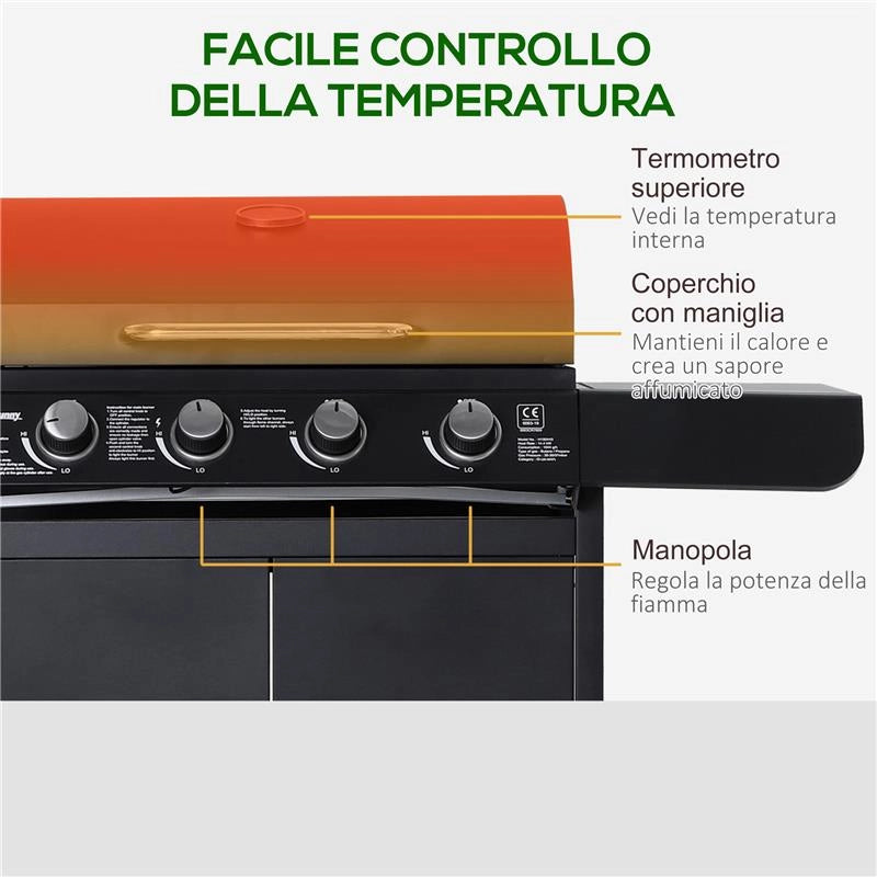 BARBECUE A GAS A 5 FORNELLI CON RIPIANI LATERALI E ARMADIETTO IN ACCIAIO E PP 125X51X100 CM NERO