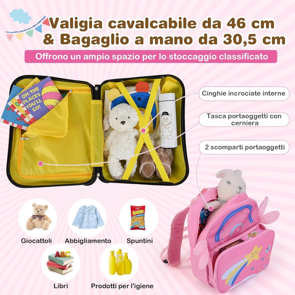 Valigia Cavalcabile per Bambini, 18" Valigia+ 12" Zaino,2 Pezzi, Trolley Bambini Bagaglio a Mano con Ruote Girevoli e Maniglia Retrattile, 2 Cingie Multiuso (Modello 10)