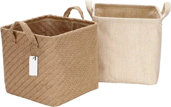 Borse di stoccaggio in juta e cotone Tessuto di stoccaggio con compartimento decorativo e maniglia per articoli da bagno, articoli domestici e giocattoli vari.
