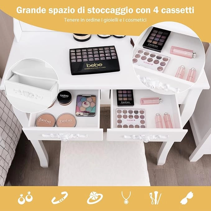 Set Toeletta da Trucco, Illuminata a 10 Lampadine LED, 4 Cassetti per Cosmetici, Specchio Regolabile e Staccabile, Sgabello Imbottito, Moderno ed Elegante, 75x40x145 cm, Bianco