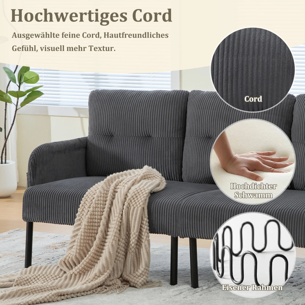 Divano a 3 posti in corduroy grigio 171x72x80 cm con tasca laterale e struttura in metallo