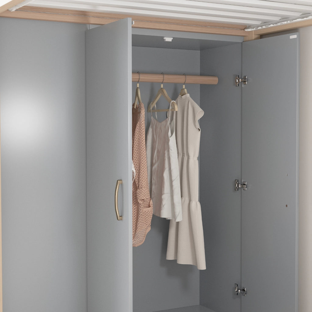 Letto a castello grigio e legno naturale con funzione contenitiva 90x200 cm