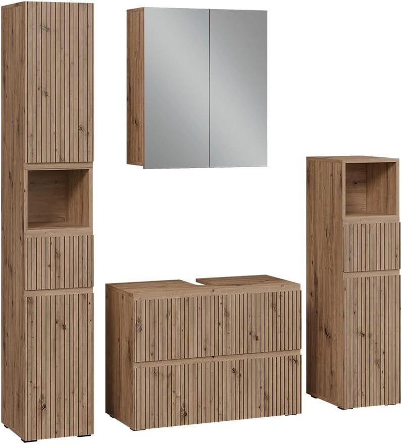 Set di mobili da bagno 3 pezzi Takumi, Artigiano, 80 cm, composto da mobile sottolavabo, specchiera e mobile medio
