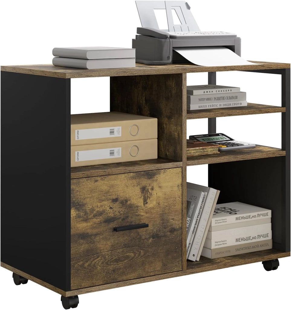 Schedario da Ufficio con 4 Scomparti a Giorno, Mobile da Ufficio per Documenti con Ruote, Mobile Vintage per Stampante con 1 Cassetto, in Legno e Metallo, Marrone Rustico e Nero, ASK05hov