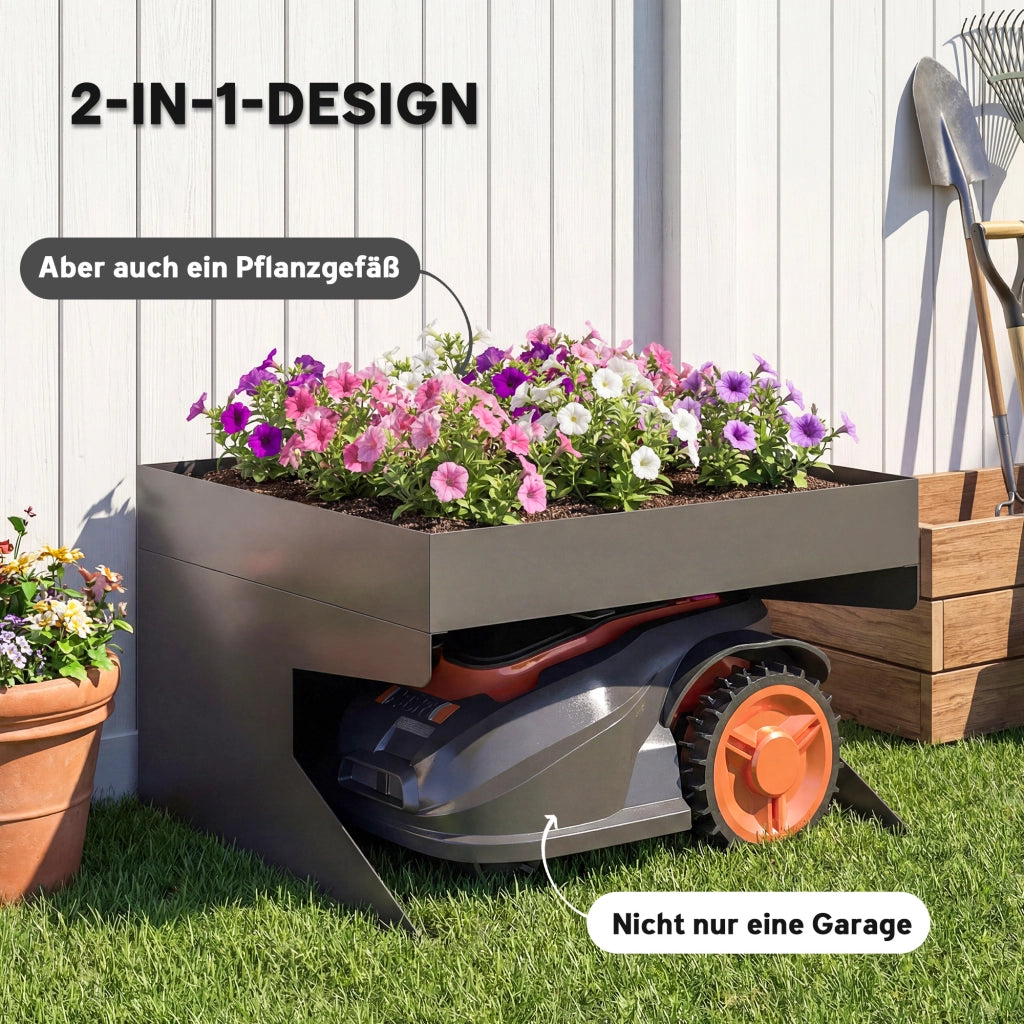 Garage per Robot Tagliaerba con Vaso per Piante ¨C Minimal ¨C Acciaio Zincato Nero