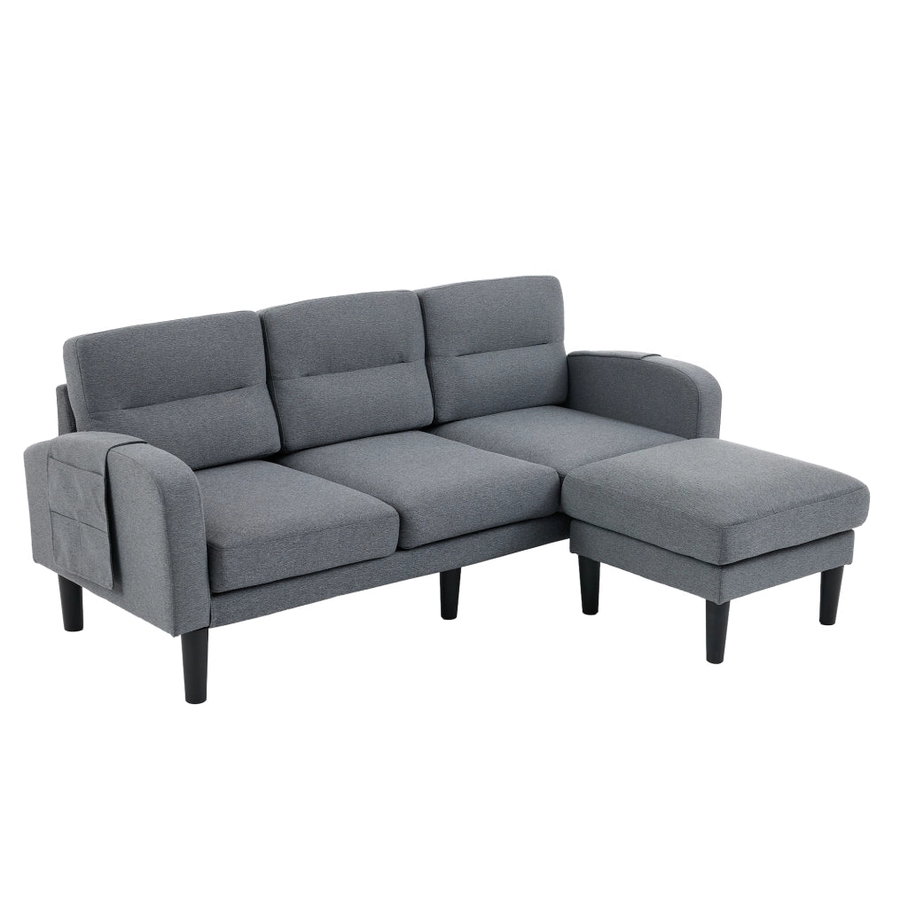 Divano angolare modulare 3 posti con chaise longue; tasche laterali e 10 piedi in tessuto grigio