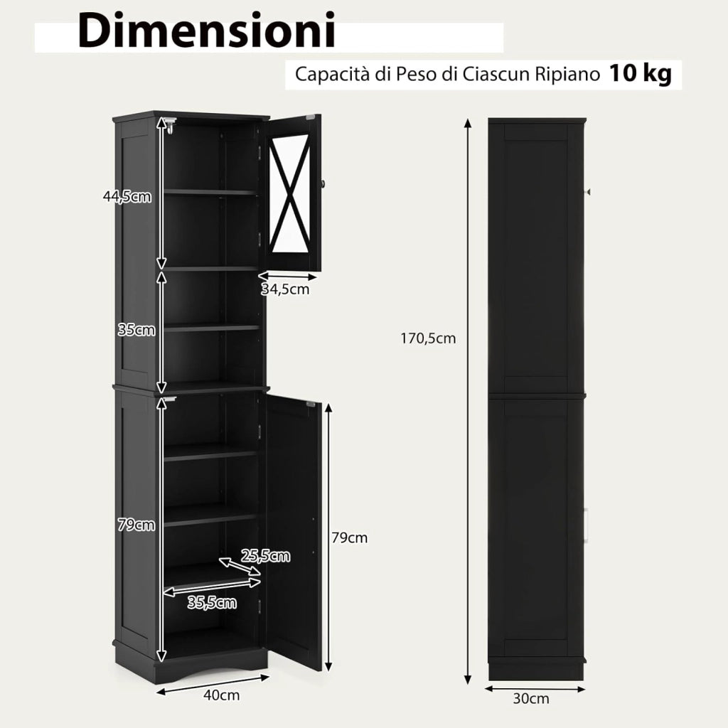 Mobile Bagno 40 x 30 x 170,5cm, Armadietto a Colonna Stretto e Alto con 5 Ripiani Regolabili e 2 Porte, Armadio da Terra in Legno per Soggiorno, Camera da Letto, Salotto e Cucina (Nero)