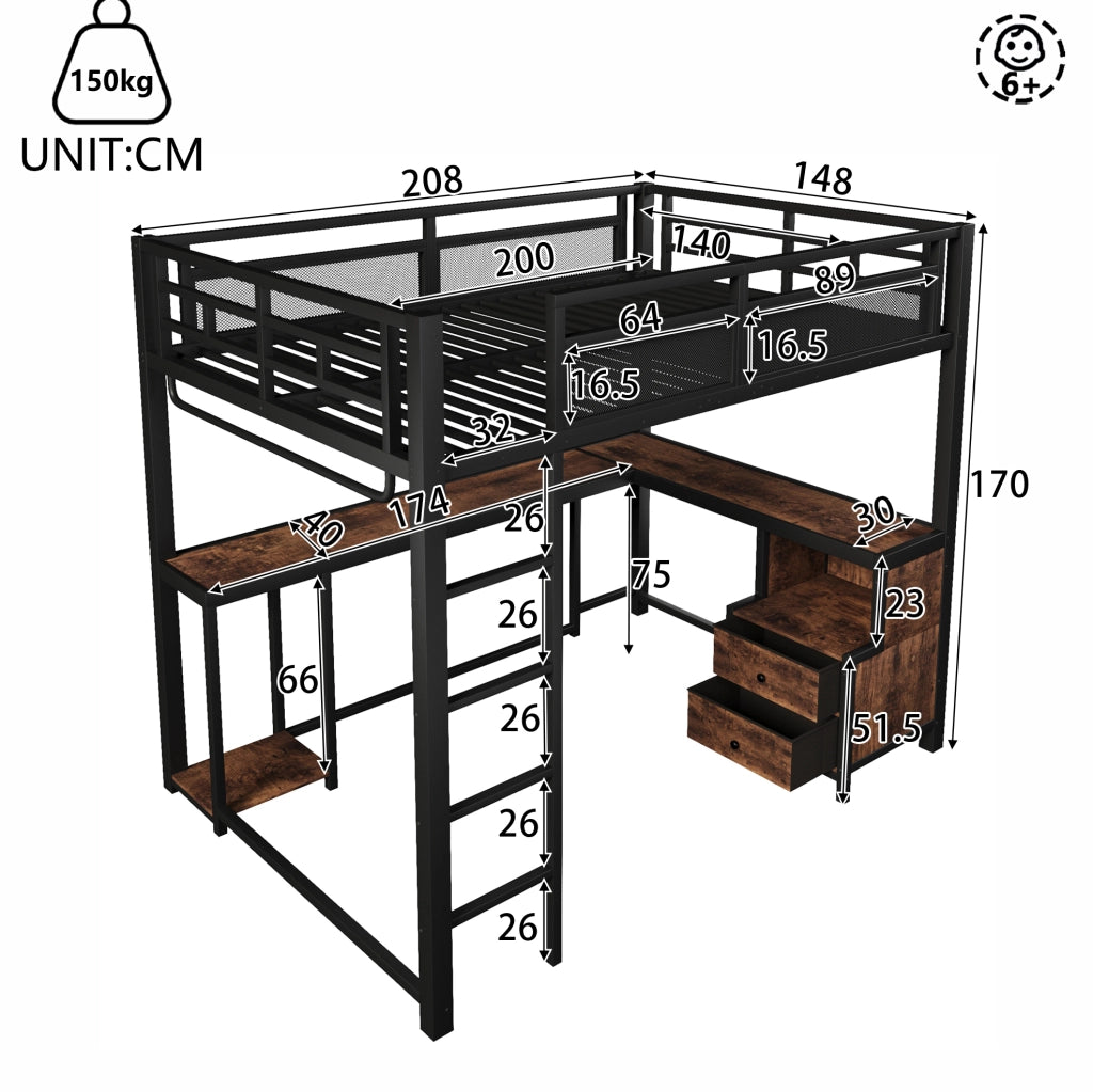 Letto a soppalco 140x200 cm con scrivania, LED, USB e ripiani