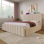 Letto matrimoniale imbottito 180x200 cm in lino beige con contenitore; USB e porta Type-C