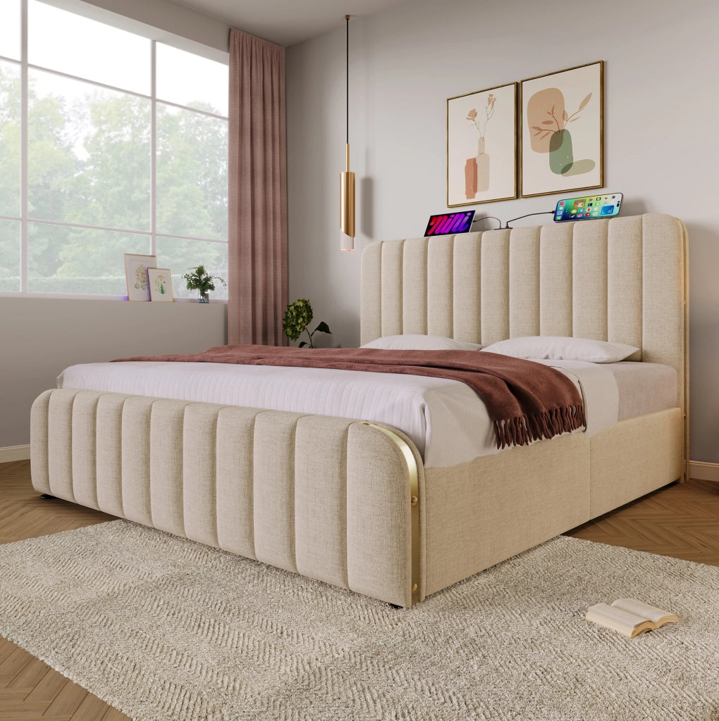 Letto matrimoniale imbottito 180x200 cm in lino beige con contenitore; USB e porta Type-C