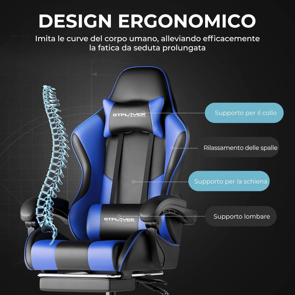 Sedia da Gaming Massaggiante ed Ergonomica con Schienale Regolabile, Poggiapiedi e Supporto Lombare - Reclinabile, Blu