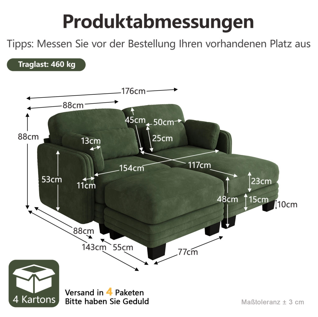 Divano modulare in chenille verde 176x143x88 cm con pouf e cuscini mobili
