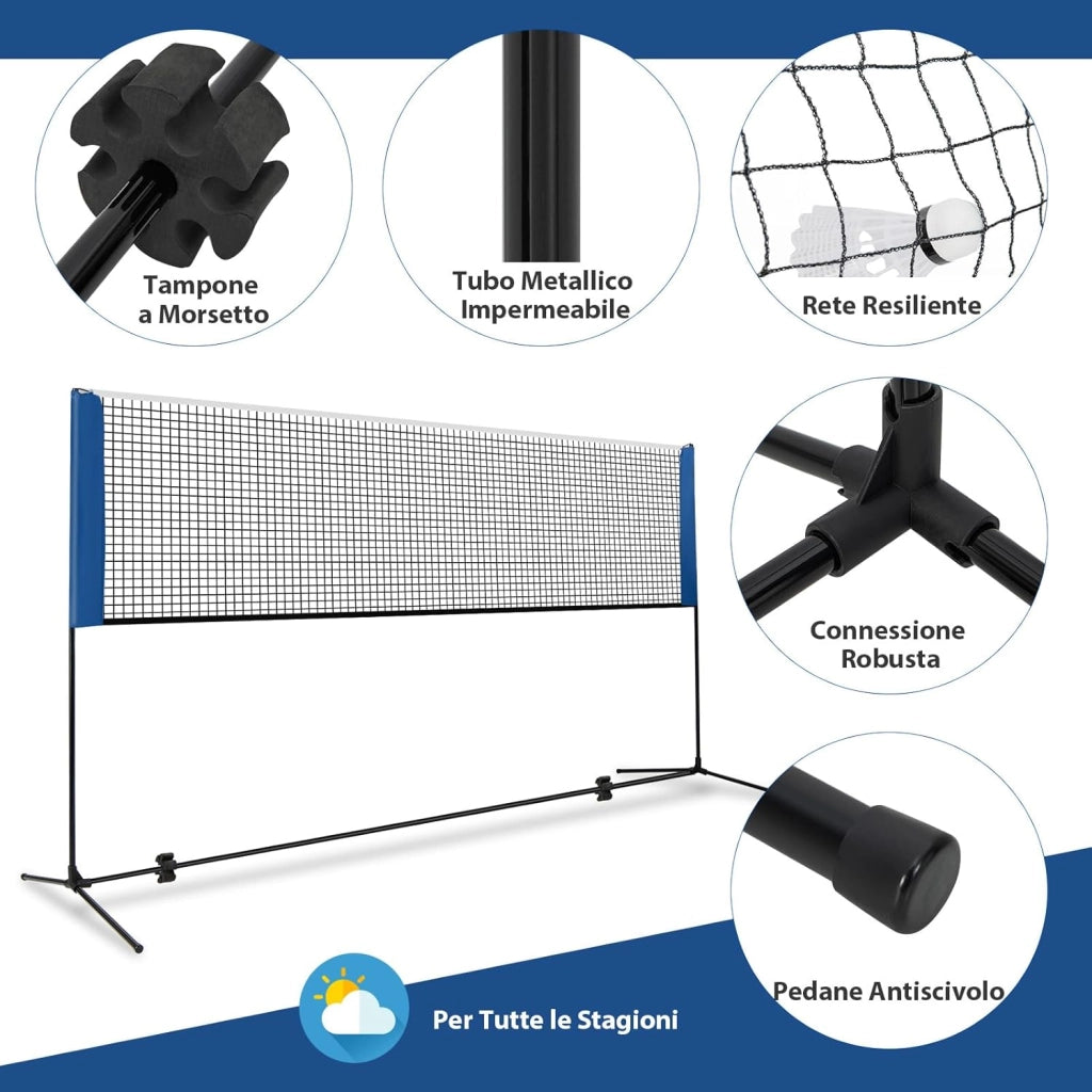 Set di Racchette da Badminton Regolabile e Portatile, Set di Rete da Badminton con 2 Volani, Tappi per Piedi, Morsetti e Borsa, per Badminton, Pallavolo e Pickleball