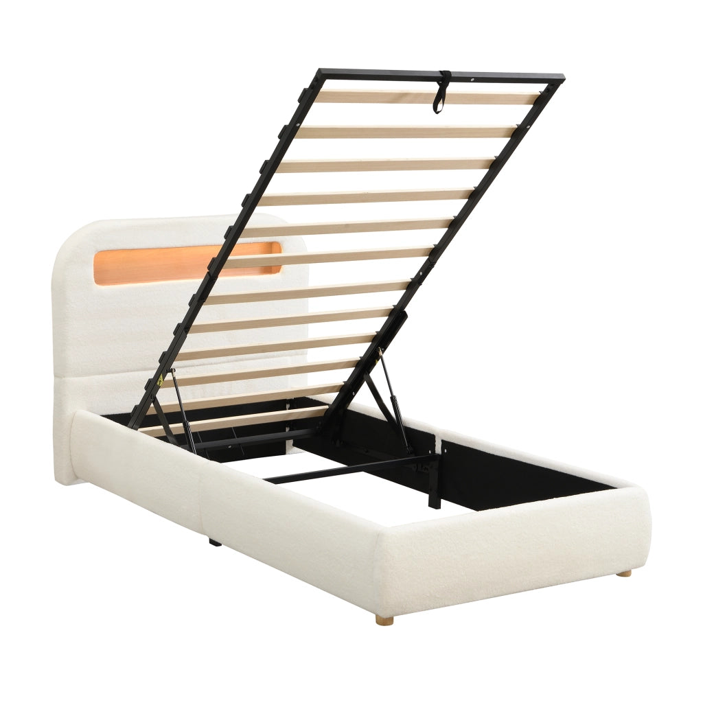 Letto singolo imbottito 90x200 cm con contenitore idraulico, LED e rete a doghe, bianco bouclé