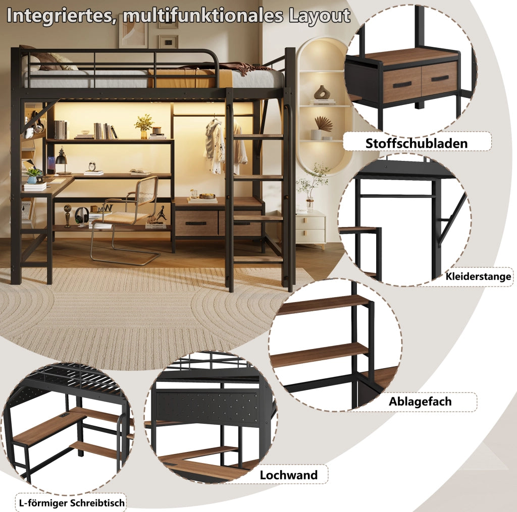Letto a soppalco 140x200 cm con scrivania, LED e USB