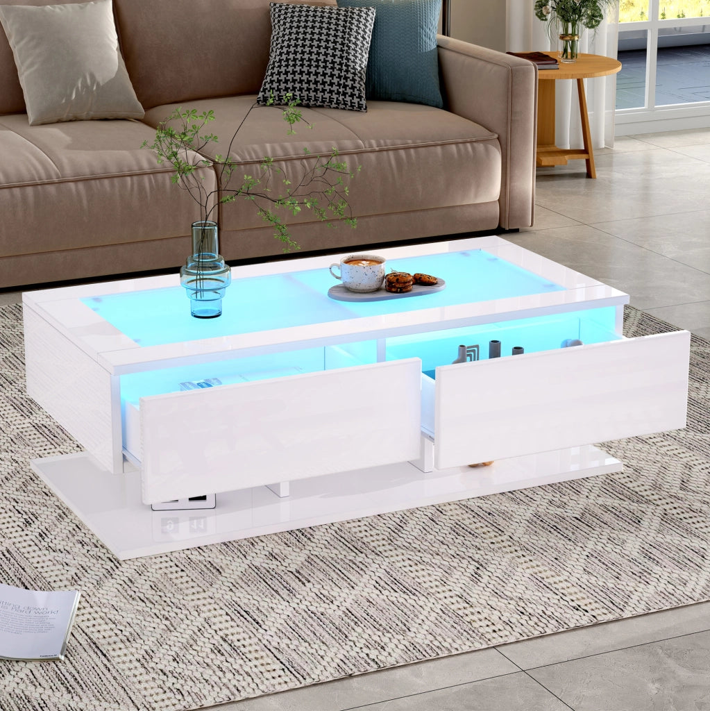 Tavolino da salotto 100x50x35 cm; 2 cassetti con LED e piano in vetro temperato; truciolare bianco