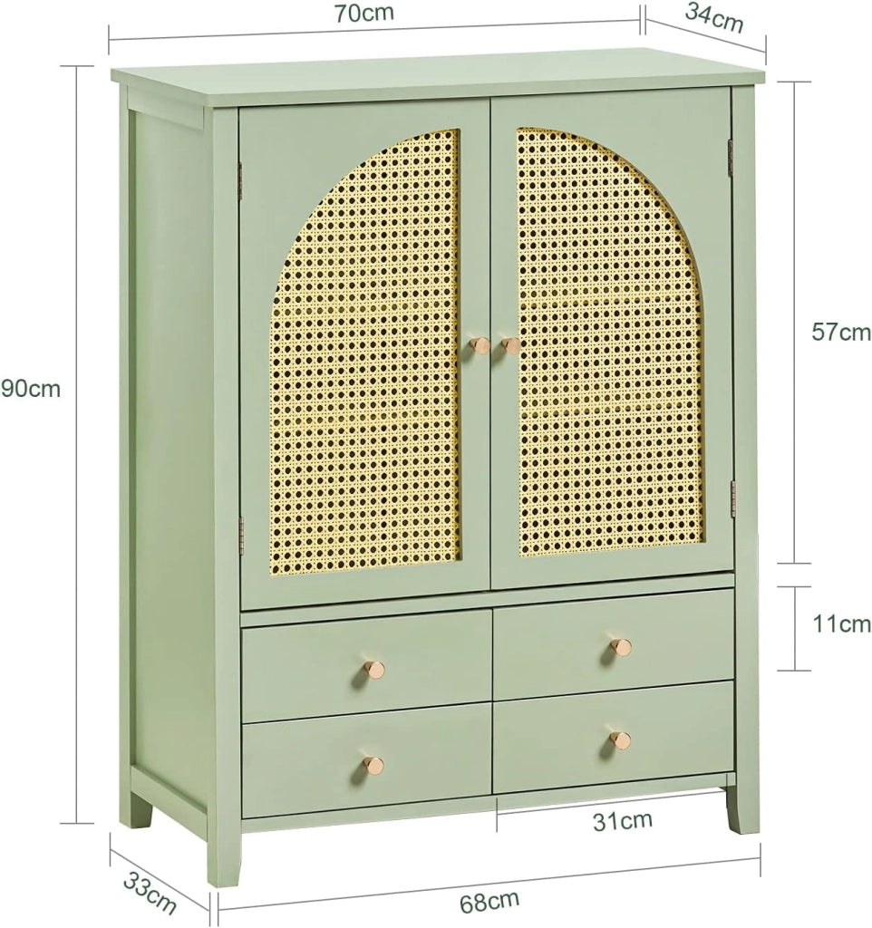 Credenza Cucina Mobile Ingresso Salvaspazio – Mobiletto con Ante a Traliccio e Ripiani Regolabili – Stile Moderno per Soggiorno o Ingresso – Verde, 70x34x90cm, 50kg, FSB72-GR