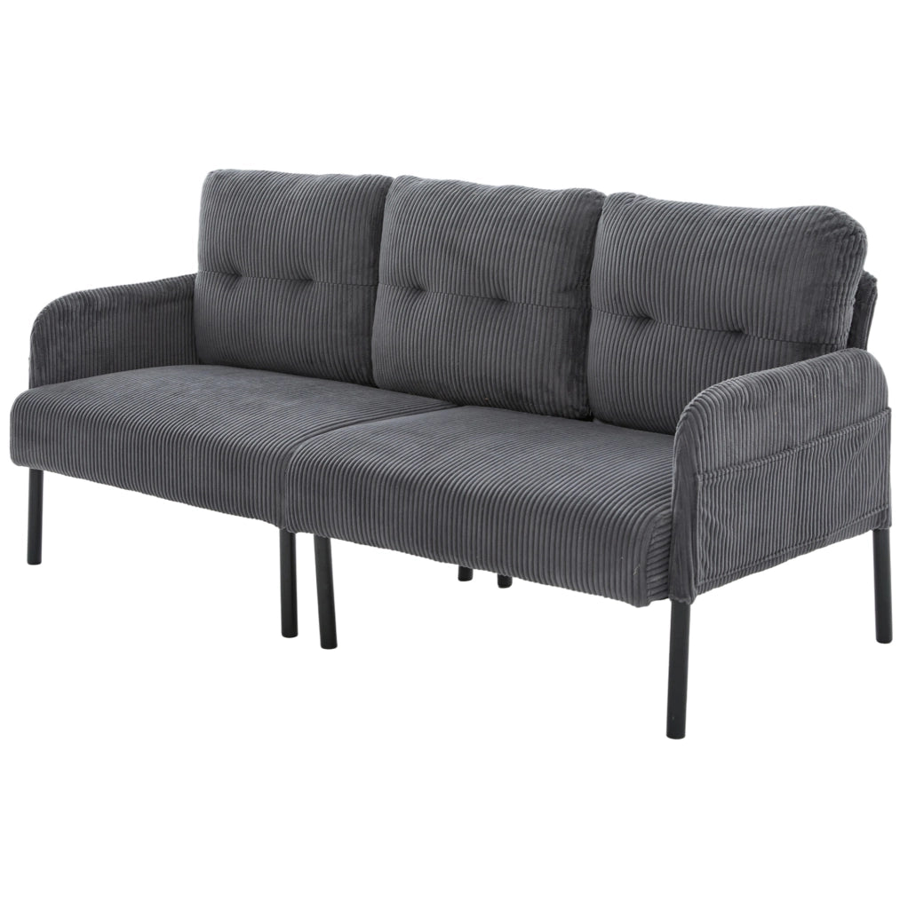 Divano a 3 posti in corduroy grigio 171x72x80 cm con tasca laterale e struttura in metallo