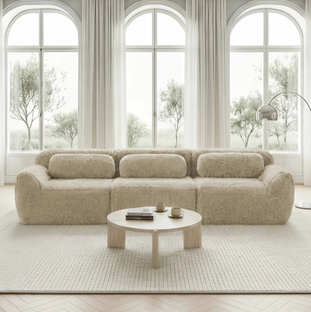 Divano modulare angolare 291x104x73 cm in tessuto peluche; base antiscivolo; cachi chiaro