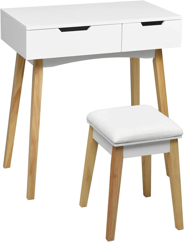 Tavolo da toeletta con sgabello e specchio pieghevole, in legno con cassetto, facile da montare per camera da letto, bagno, bianco