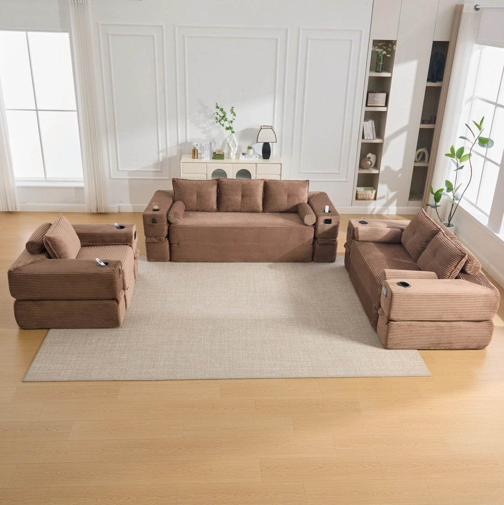 Divano letto modulare in velluto a coste marrone 180 cm
