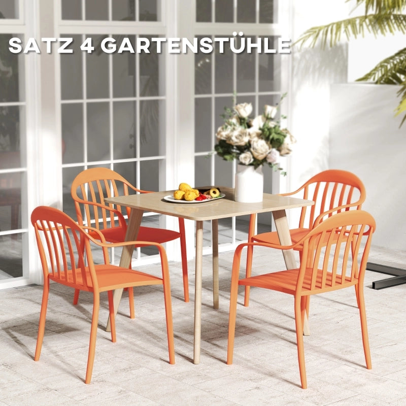Set di 4 sedie da giardino resistenti alle intemperie impilabili con braccioli e schienale in plastica colore rosso.