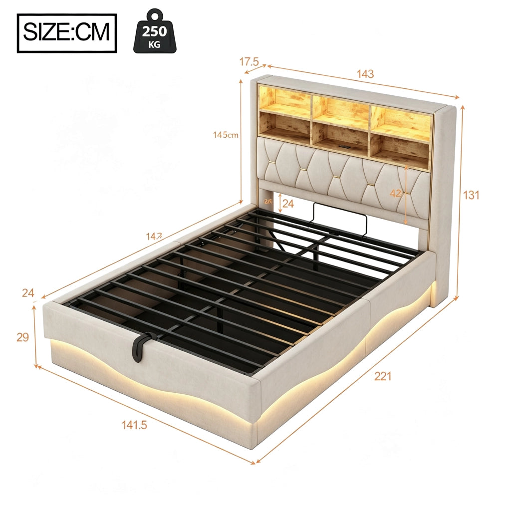 Letto matrimoniale contenitore 140x200 cm con LED tramite App; rete in metallo; USB e vano contenitore; lino beige