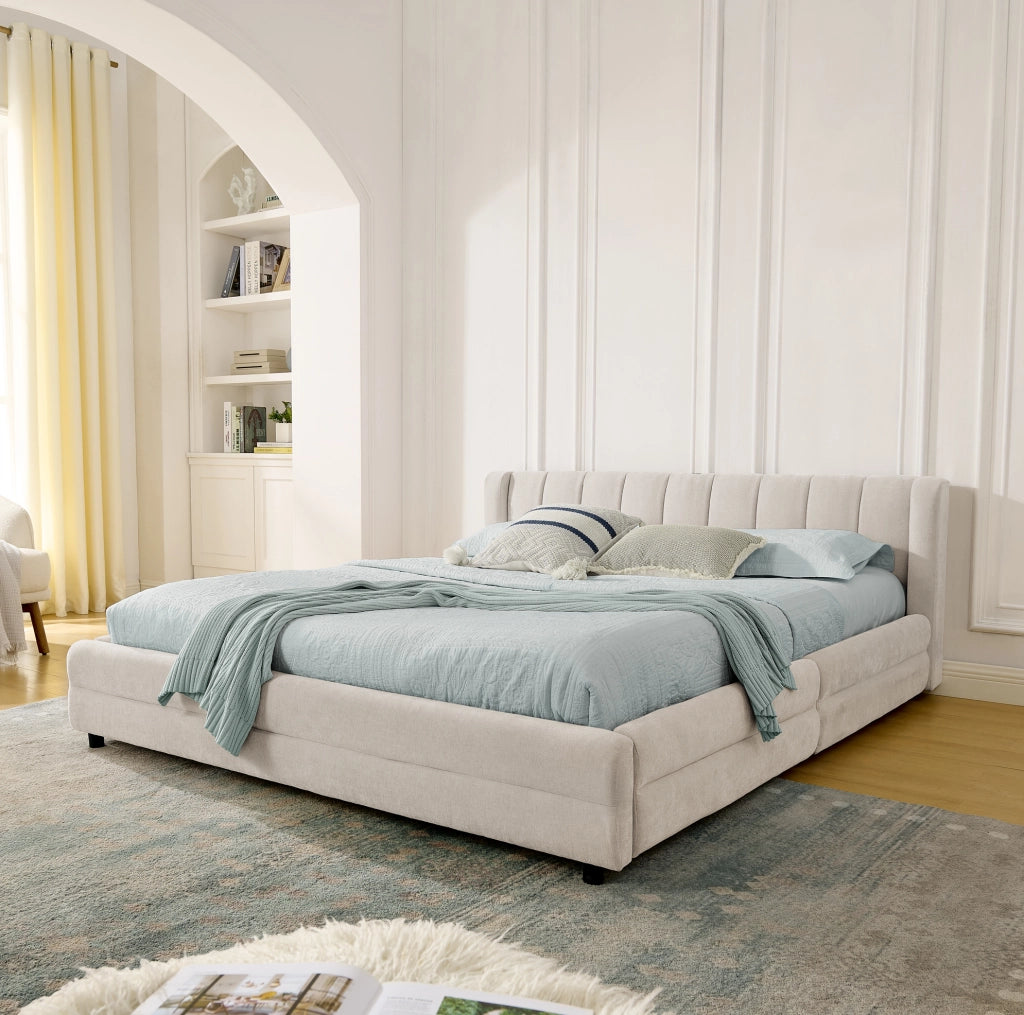 Letto matrimoniale 140x200 cm con 4 cassetti; porta USB e USB-C; in tessuto chenille beige