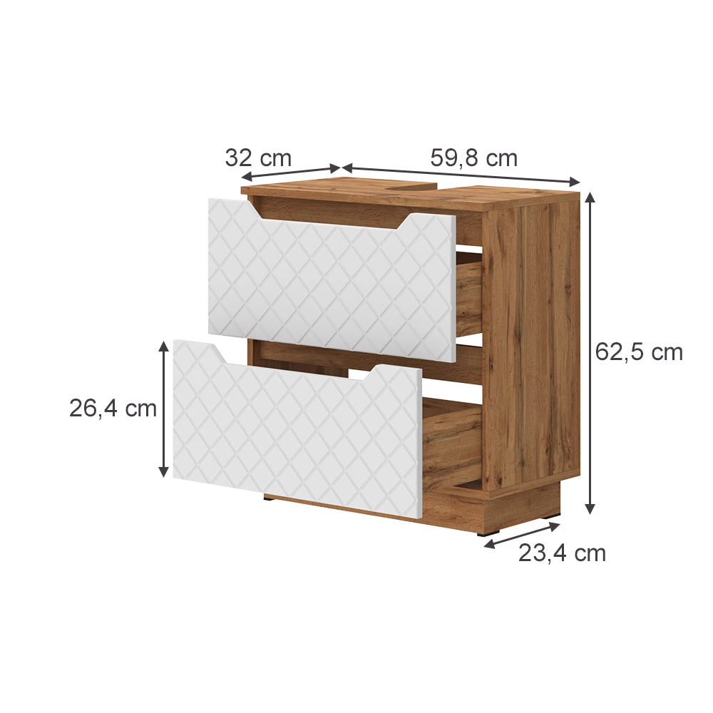 Vicco Mobile sottolavabo per bagno Rovere/bianco con struttura in piastrelle 59.8 x 62.5 cm con 2 cassetti