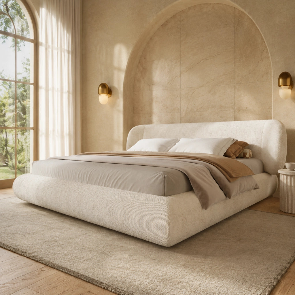 Letto matrimoniale imbottito 140x200 cm beige in ciniglia; testiera e rete a doghe
