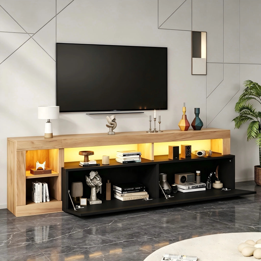 Mobile porta TV con LED e 4 vani contenitore, per soggiorno e camera da letto, in truciolare, nero, 184 × 42 × 58 cm