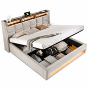 Letti contenitori 140x200 cm; LED e USB; lino beige (Senza materasso)