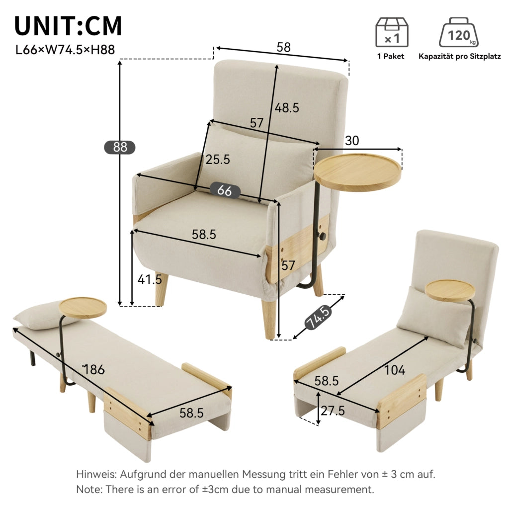 Poltrona letto 3 in 1 beige con vassoio girevole