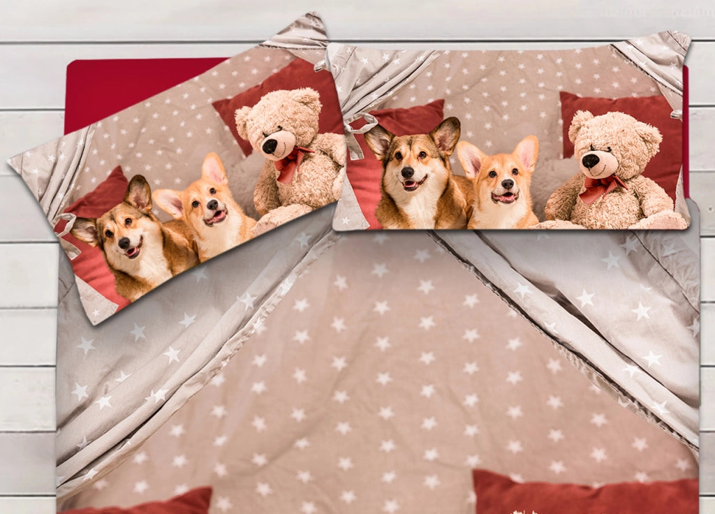 Parure Copripiumino Sacco Piumino Letto 100% Cotone Sogni D'oro Disegno Cani E Orsi Dis. 67 - Piazza E Mezza - Cani E Orsi