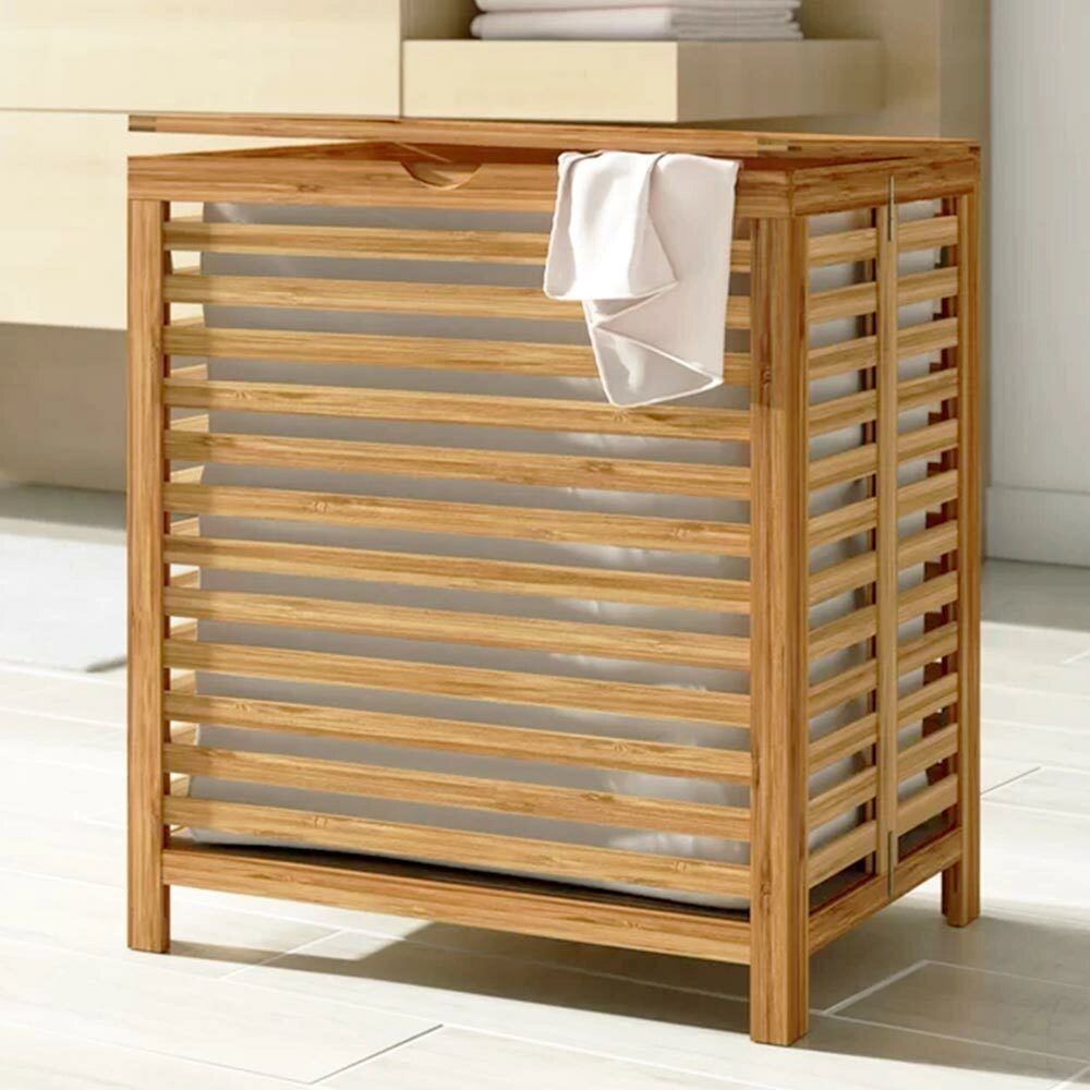 Cesto Biancheria Sporca in Bambu e Tessuto Cesta Portabiancheria 50x35x60cm