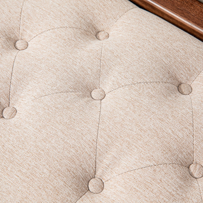 Panca Fondo Letto Imbottita e a Bottoni 141x44x65 cm in Legno e Tessuto Effetto Lino Beige
