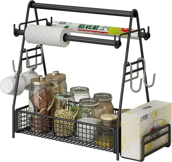 Caddy per barbecue esterno con contenitore per asciugamani in carta - 40 x 18 x 38 cm - 4 ganci - organizzatore per spezie - accessori per barbecue