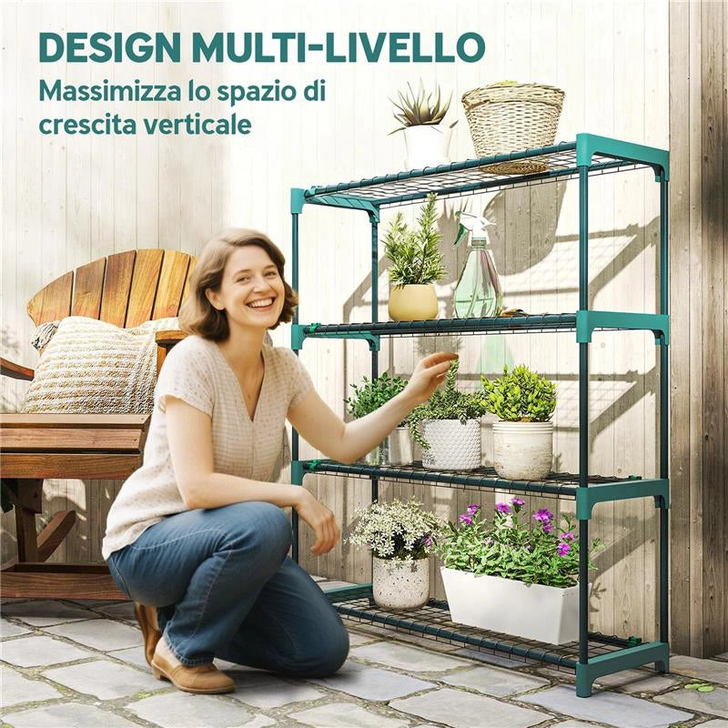 SET DI 2 SCAFFALI PER PIANTE A 4 LIVELLI IN ACCIAIO CON GANCI, 90X28X104 CM, VERDE