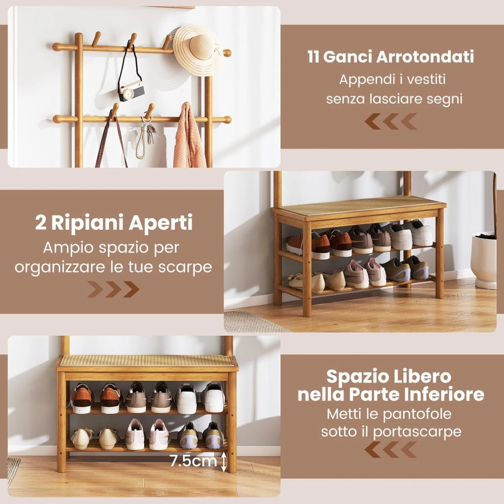 3 in 1 Appendiabiti da Terra in Bambù, Appendiabiti Salvaspazio con Scarpiera a 2 Ripiani, Panca in Rattan PE e 11 Ganci Arrotondati, Mobile Ingresso, 71 x 30 x 169,5 cm (Naturale)