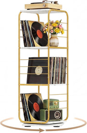 Supporto Giradischi Girevole a 4 Ripiani, Porta Dischi Rotante a 360° con Struttura in Metallo, Scaffale d'Angolo Salvaspazio per Casa, Ufficio e Soggiorno, 40x40x115 cm (Oro)