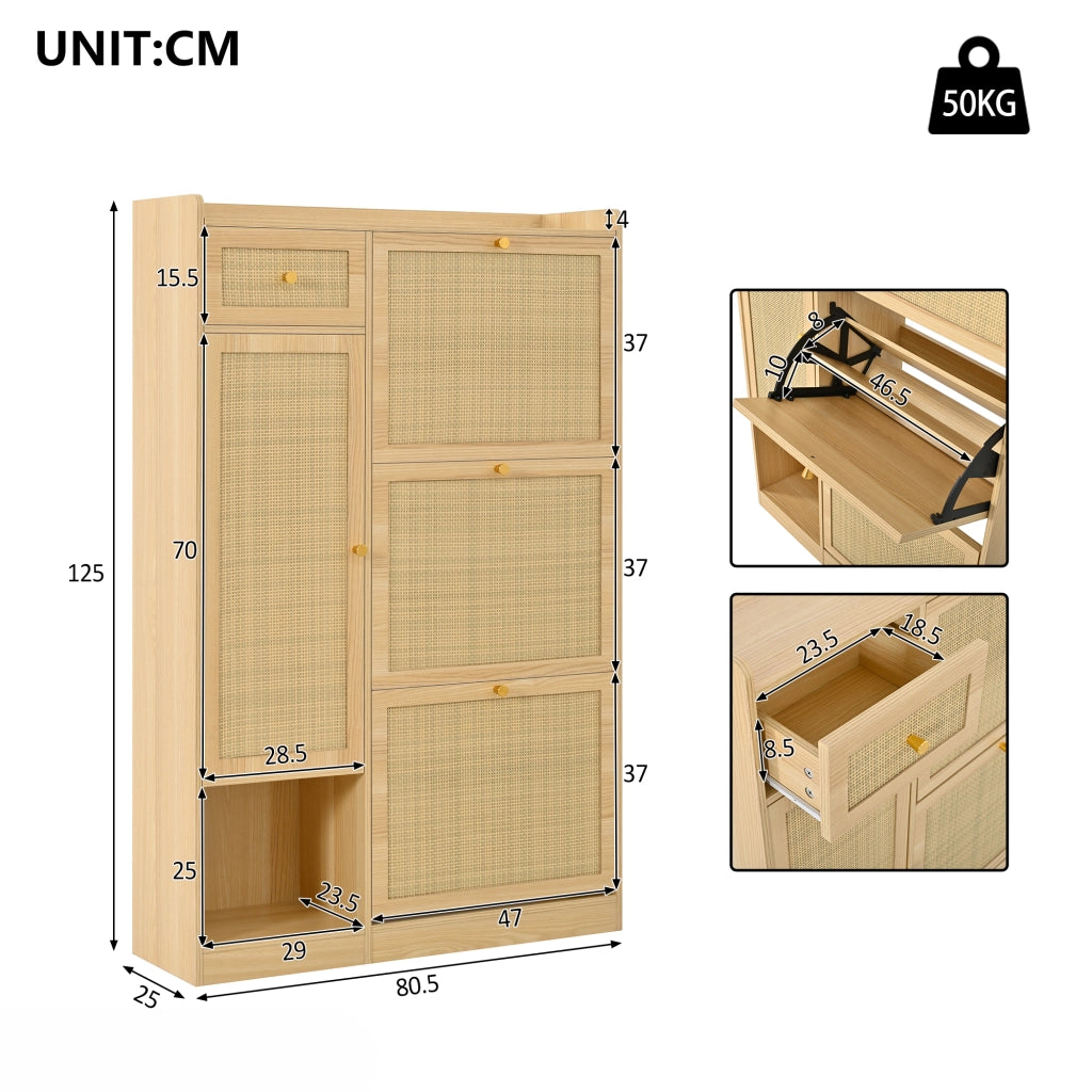 Scarpiera slim in stile rattan con 3 ante ribaltabili, cassetto e vano laterale, 80,5 ¡Á 25 ¡Á 125 cm, colore naturale