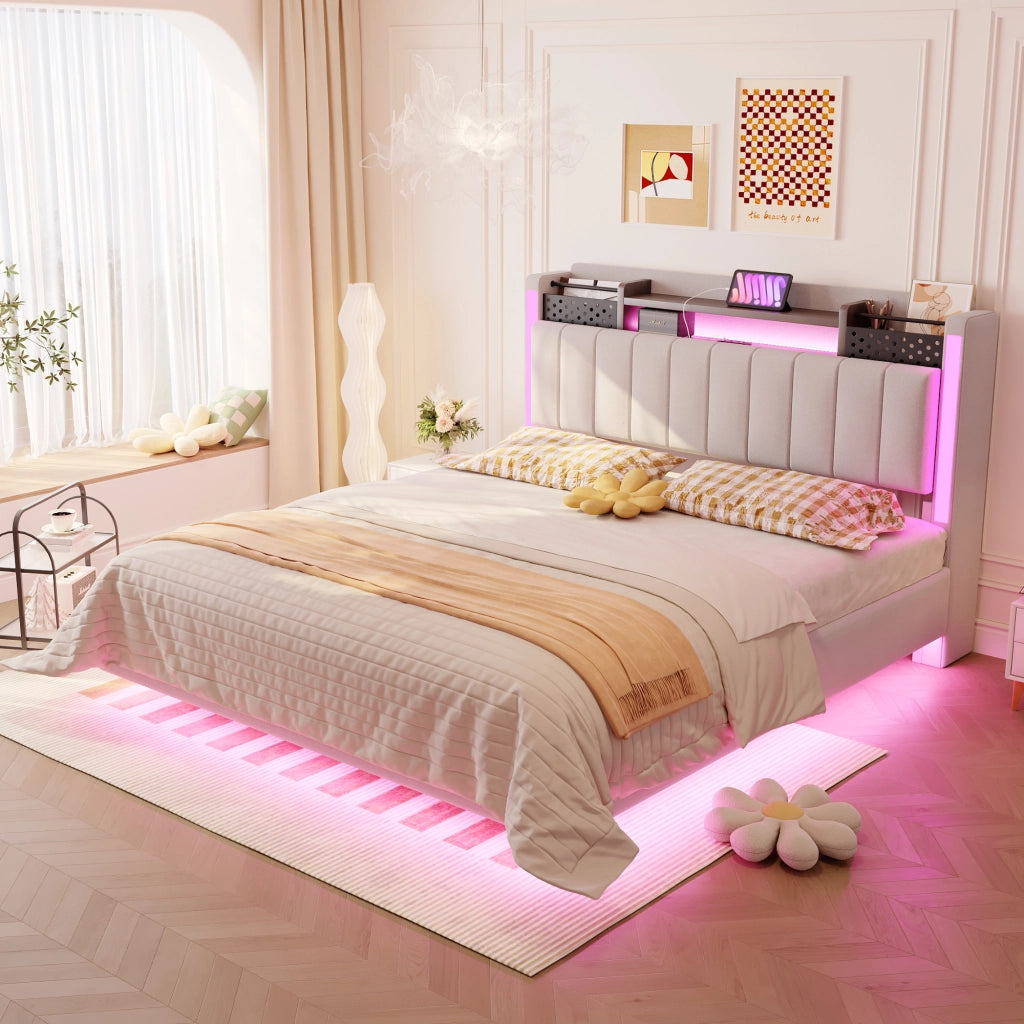 DESMIU Letto Matrimoniale Imbottito 140 × 200 cm con USB, LED, Vano Contenitore e Ripiani, Senza Materasso